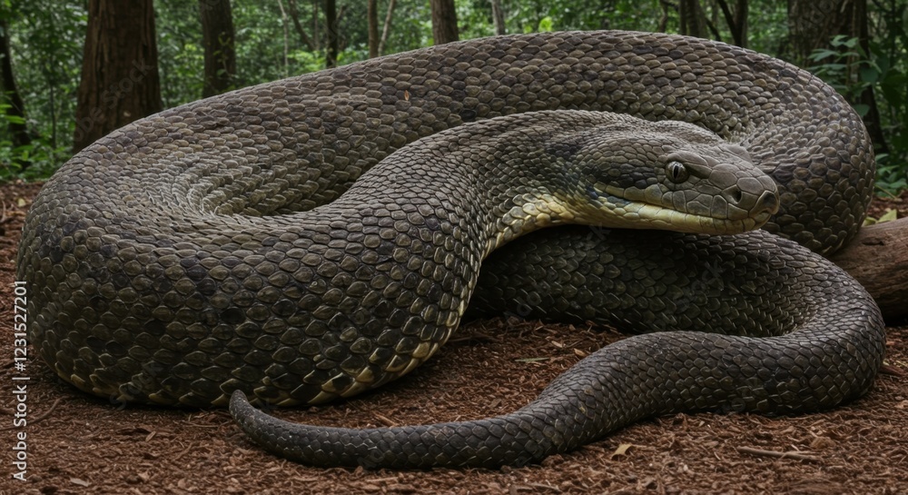 Large snake coiled on forest floor, surrounded by lush greenery Large snake coiled on forest floor, surrounded by lush greenery