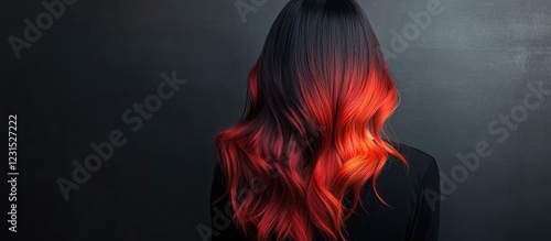Vibrant red ombre hairstyle on long flowing hair against a dark background emphasizing bold color transitions and modern hair artistry.