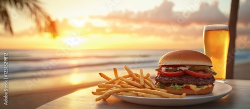 Cheeseburger and fries on white plate with cold beer beside them set against a warm summer sunset over the ocean with palm silhouettes in background. photo