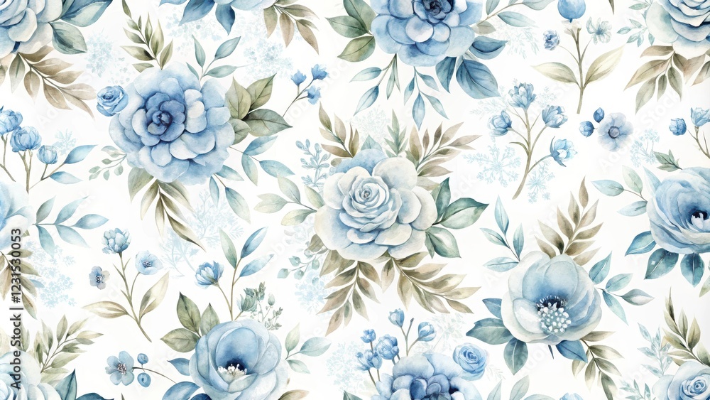 Obraz premium Elegant Watercolor Floral Pattern with Delicate Blue Roses and Greenery