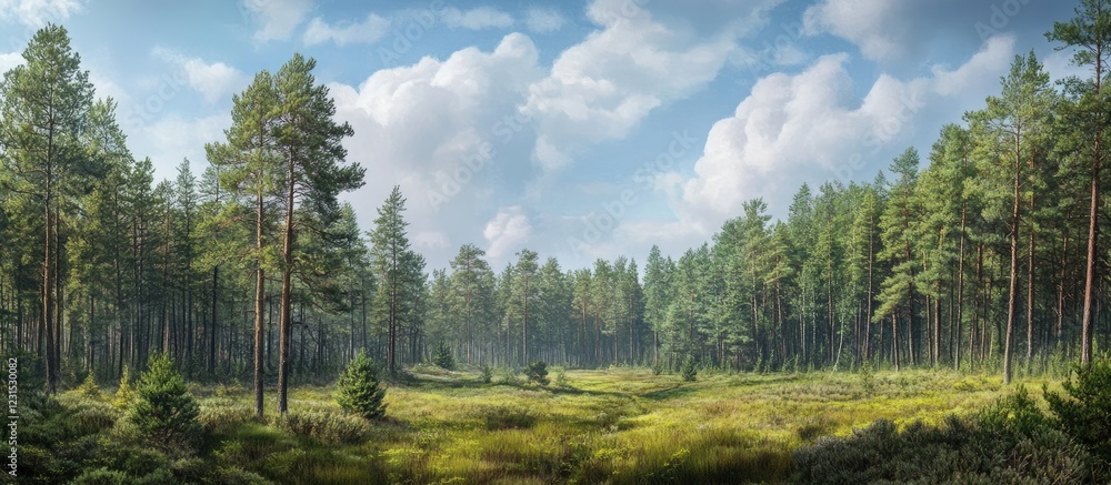Lush green pine forest panorama under a blue sky with fluffy clouds showcasing dense coniferous trees and tranquil meadow in the foreground Lush green pine forest panorama under a blue sky with fluffy clouds showcasing dense coniferous trees and tranquil meadow in the foreground