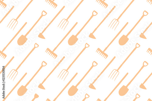 Seamless pattern with garden equipments: shovels, spades, rakes, hoes, pitchforks. Vector backgrounds and textures with tools for working on the farm, in dacha, country site in flat style.