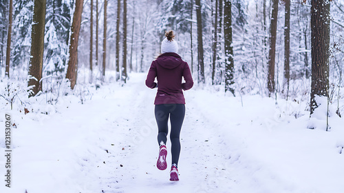 Woman jogs in snowy winter forest path. Active lifestyle outdoors. Fit female in sports shoes running. Motion and snowy trail. Enjoy the winter exercise. Snowy scenery. Cold weather. photo