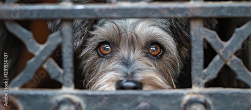 Close-up of a small dog with brown eyes peering through a black wrought iron gate with geometric patterns, featuring gray and black fur tones. photo