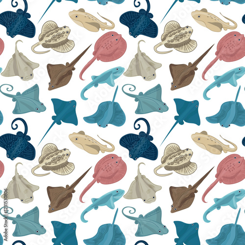Marine life seamless pattern. Stingray Fish. Vector set of cartoon sea life objects for your design.