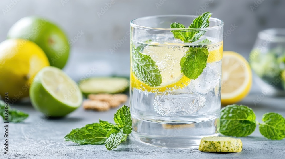 Refreshing lemon mint water closeup kitchen drink bright top view Refreshing lemon mint water closeup kitchen drink bright top view
