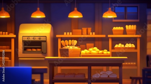 Cozy bakery interior showcasing freshly baked goods, warm lighting, and rustic shelves filled with bread photo