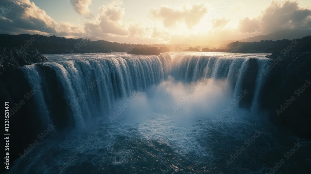 Fototapeta premium Majestic waterfall sunset, lush landscape background, nature photography, travel