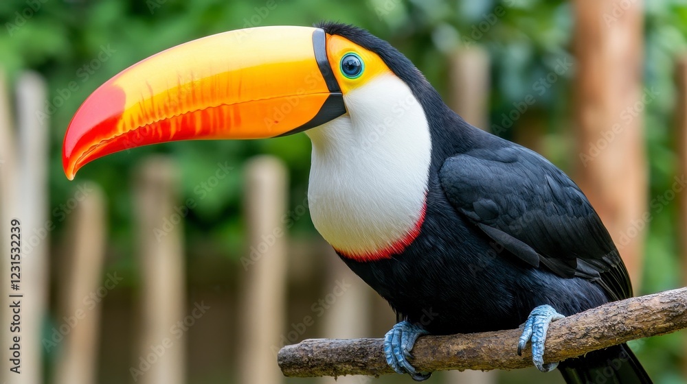 Colorful toucan perched on a branch amidst lush greenery background Colorful toucan perched on a branch amidst lush greenery background