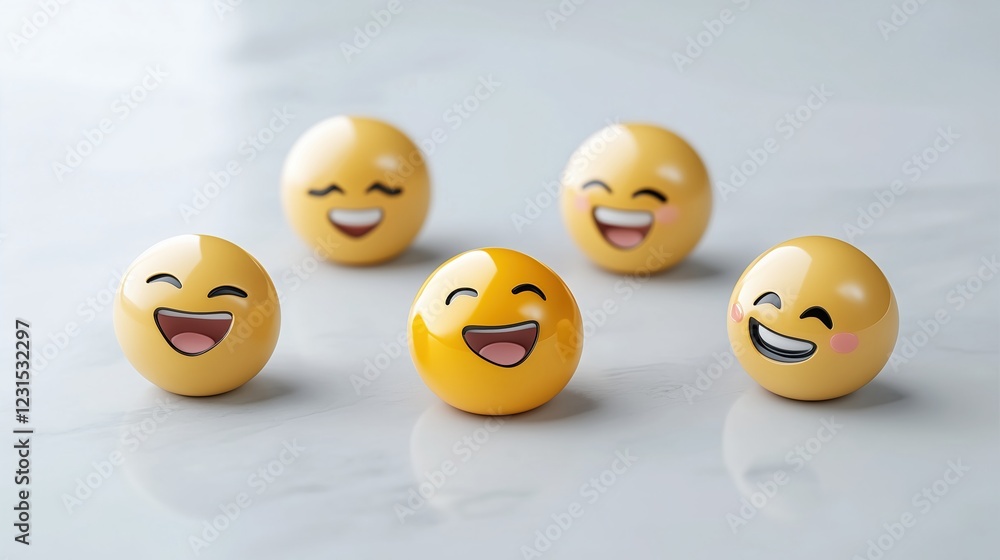 Group of smiling yellow emoji spheres on white surface. Happiness and positivity concept Group of smiling yellow emoji spheres on white surface. Happiness and positivity concept