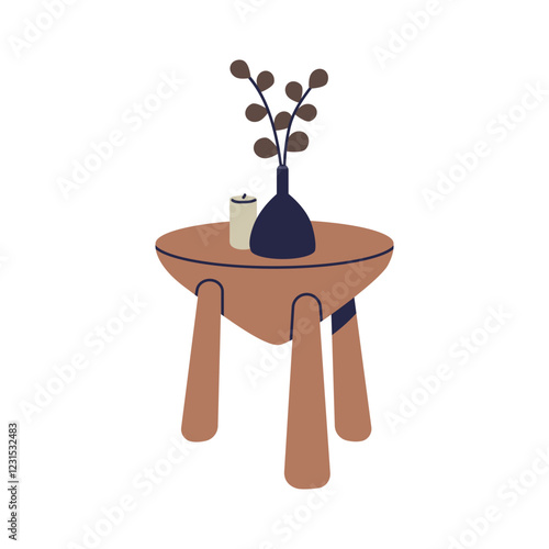 Wooden coffee table with flower vase and candle. Round low wood furniture wit...