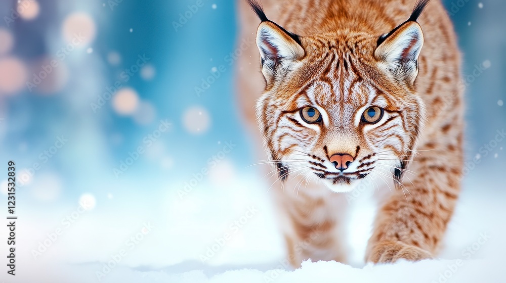 Obraz premium Majestic Lynx Walking Through Snowy Landscape with Soft Bokeh Lights