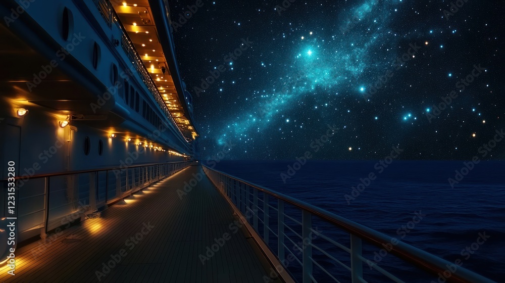 Night cruise ship deck, starlit ocean, travel Night cruise ship deck, starlit ocean, travel