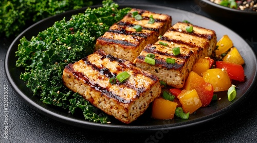 Grilled Tofu with Colorful Bell Peppers and Fresh Kale Garnish on a Black Plate