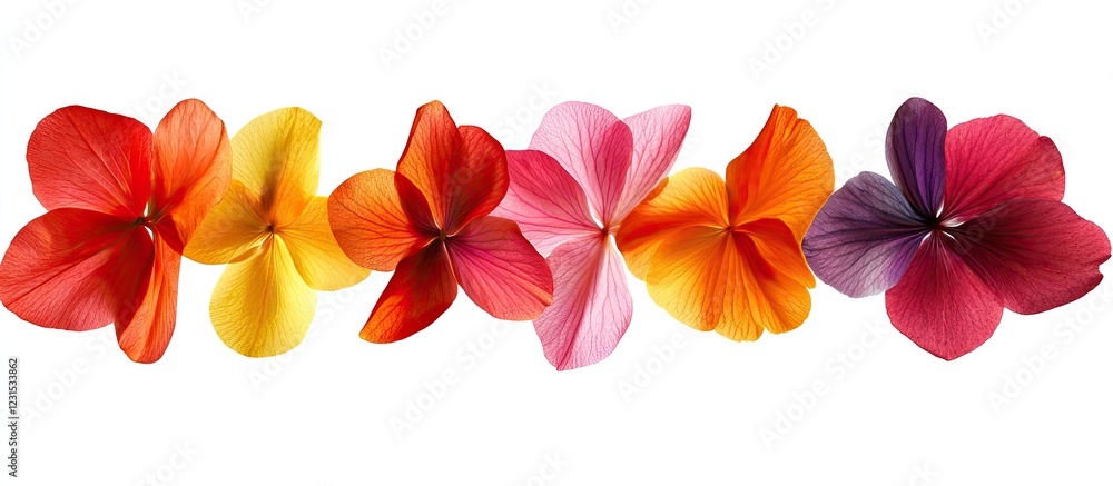 Fototapeta premium Vibrant multicolored flower petals in shades of red, orange, pink, yellow, and purple arranged symmetrically against a clean white background.
