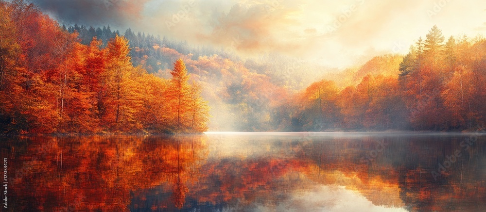 Naklejka premium Vibrant autumn landscape with orange and yellow trees reflecting on calm lake, misty mountains in background, warm golden hues creating serene atmosphere.