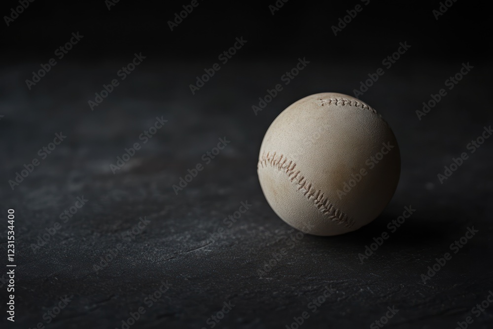 Worn baseball on dark surface; game memory; sports background Worn baseball on dark surface; game memory; sports background