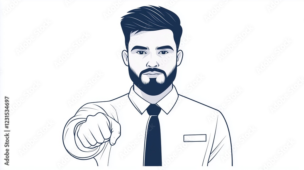 Line art illustration of a man pointing forward in a shirt and tie on a plain white background. leadership and responsibility concepts Line art illustration of a man pointing forward in a shirt and tie on a plain white background. leadership and responsibility concepts