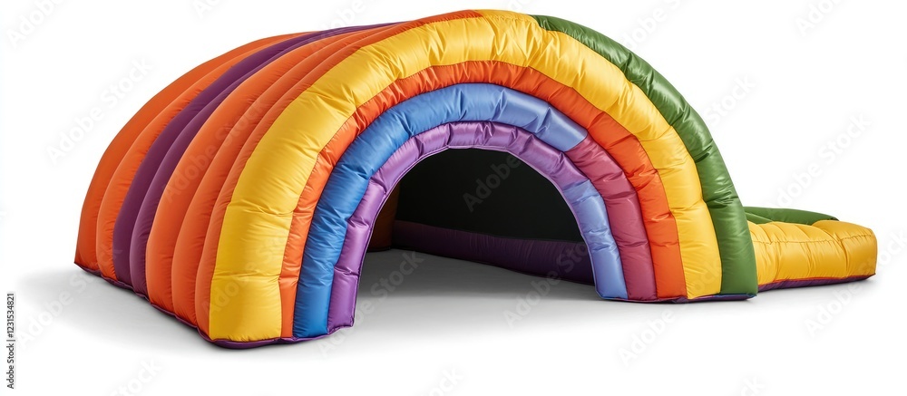 Rainbow inflatable play tunnel for toddlers featuring vibrant arches in red, orange, yellow, green, blue, and purple, situated on a white background. Rainbow inflatable play tunnel for toddlers featuring vibrant arches in red, orange, yellow, green, blue, and purple, situated on a white background.