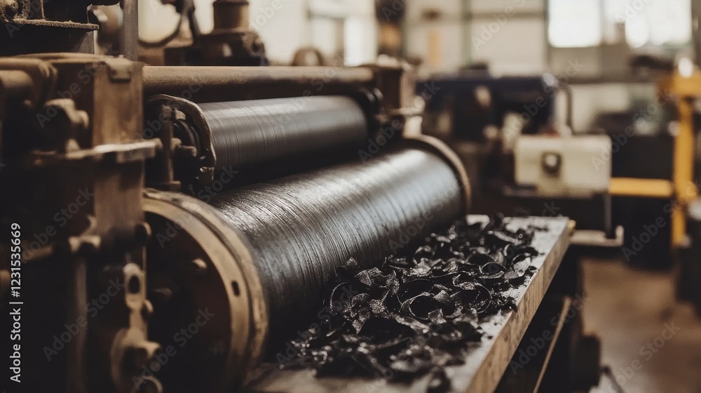 Fototapeta premium Vintage Industrial Machine with Black Material in Workshop Setting