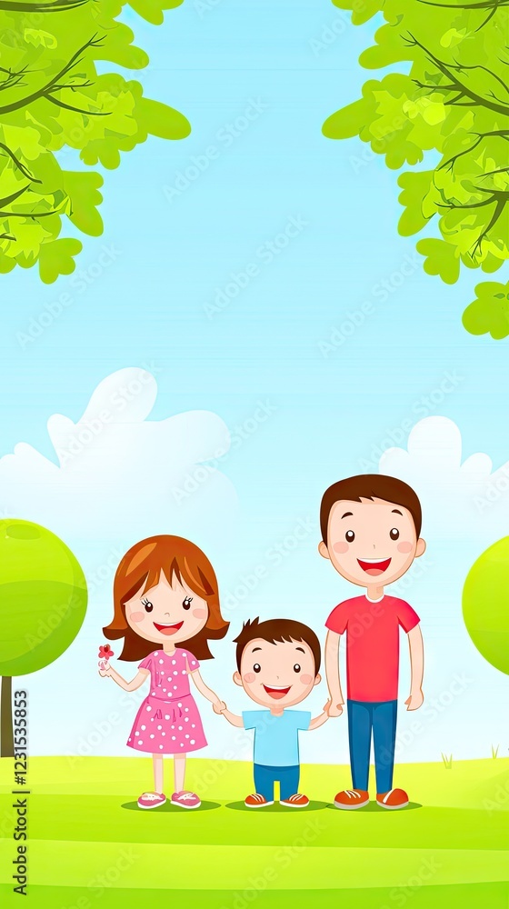 Happy family park portrait, spring day, green trees Happy family park portrait, spring day, green trees