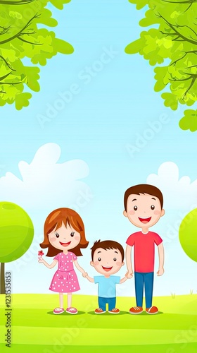 Happy family park portrait, spring day, green trees