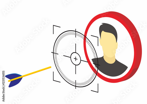 Isometric target person with separated lens zoom and arrow object. Vector illustration