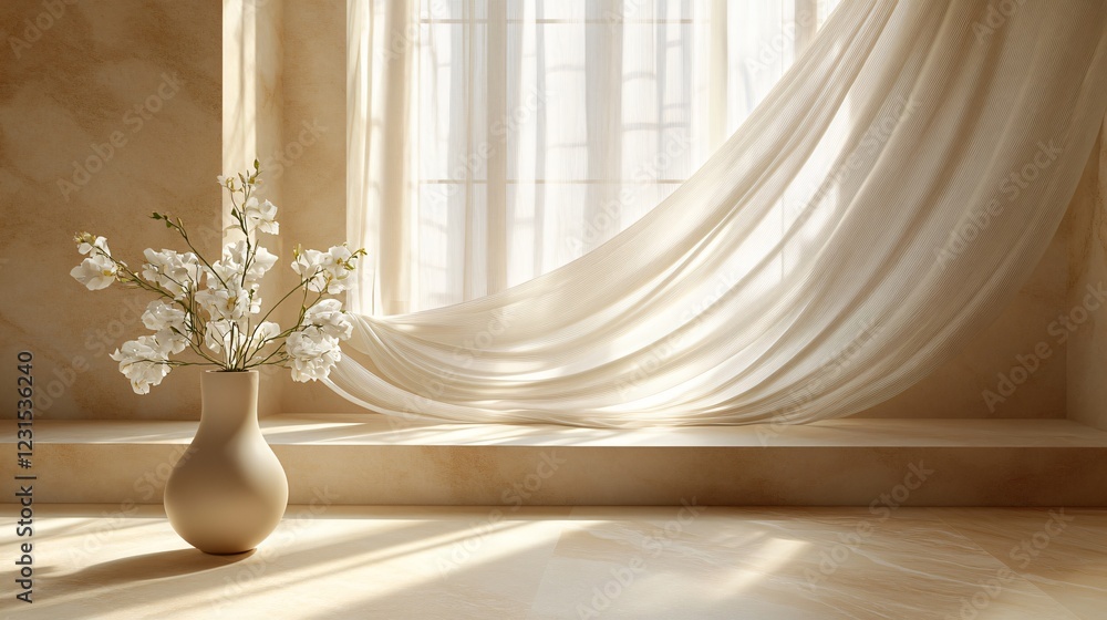 Interior of the room with white curtains and flower vases on a wooden table.
Interior of the room with white curtains and flower vases on a wooden table.