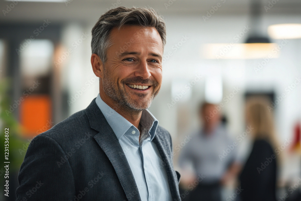 Smiling man in suit and tie holding a briefcase, standing in front of a modern office building with glass windows reflecting the city skyline. Smiling man in suit and tie holding a briefcase, standing in front of a modern office building with glass windows reflecting the city skyline.