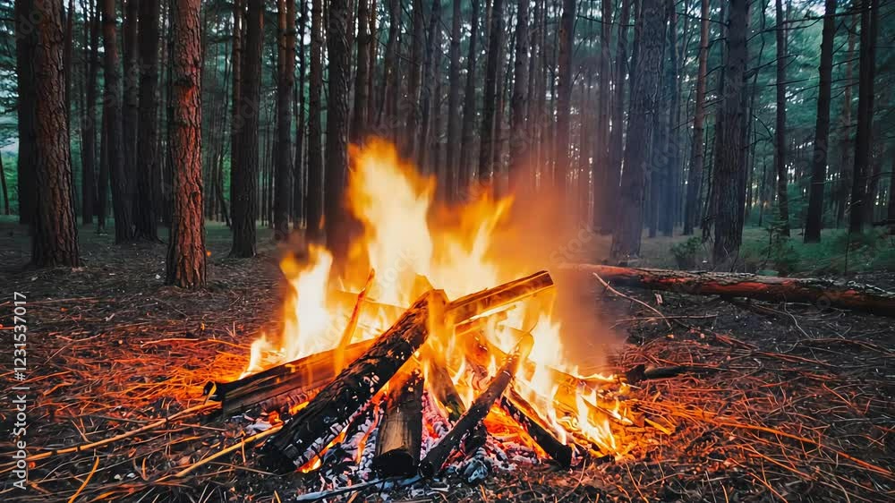 A bright campfire burns in the middle of a forest clearing, with flames crackling and casting a warm glow on the surrounding trees in the peaceful wilderness.
A bright campfire burns in the middle of a forest clearing, with flames crackling and casting a warm glow on the surrounding trees in the peaceful wilderness.