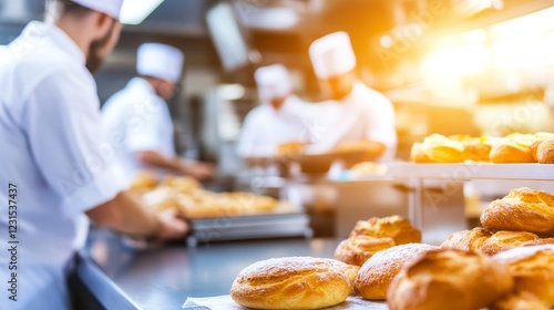 Chefs preparing fresh pastries in a bustling kitchen, with golden baked goods and warm lighting