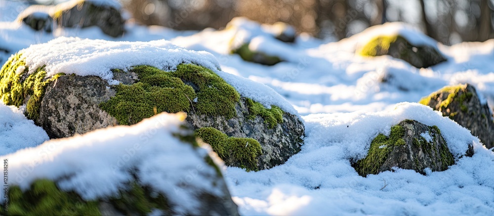 Close up of moss covered rocks among soft white snow in a tranquil winter landscape with warm sunlight illuminating a serene nature scene.