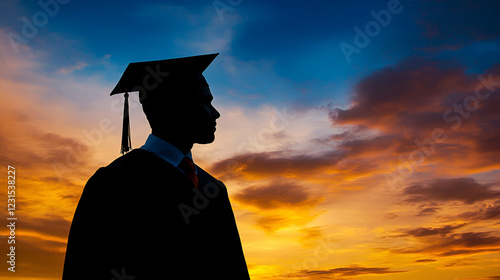 Silhouette of graduate with cap at dramatic sunset sky. Vibrant orange and blue clouds, inspirational achievement, new beginnings, educational milestone