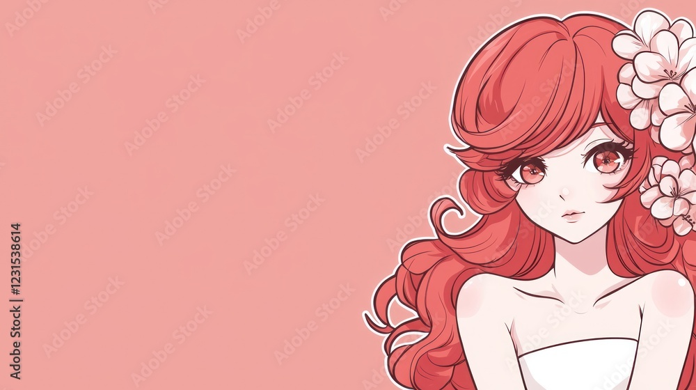 Redhead anime girl flowers pink background profile portrait illustration Redhead anime girl flowers pink background profile portrait illustration