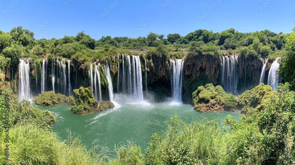 Panoramic view of cascading waterfall in lush greenery, sunny day Panoramic view of cascading waterfall in lush greenery, sunny day