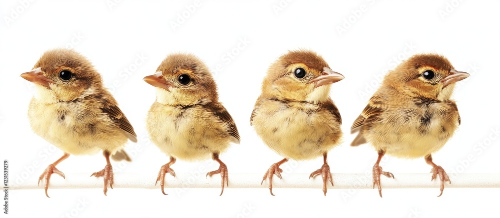 Charming row of four baby birds with soft brown feathers and bright eyes, isolated on a clean white background, exuding adorable innocence and cuteness. Charming row of four baby birds with soft brown feathers and bright eyes, isolated on a clean white background, exuding adorable innocence and cuteness.