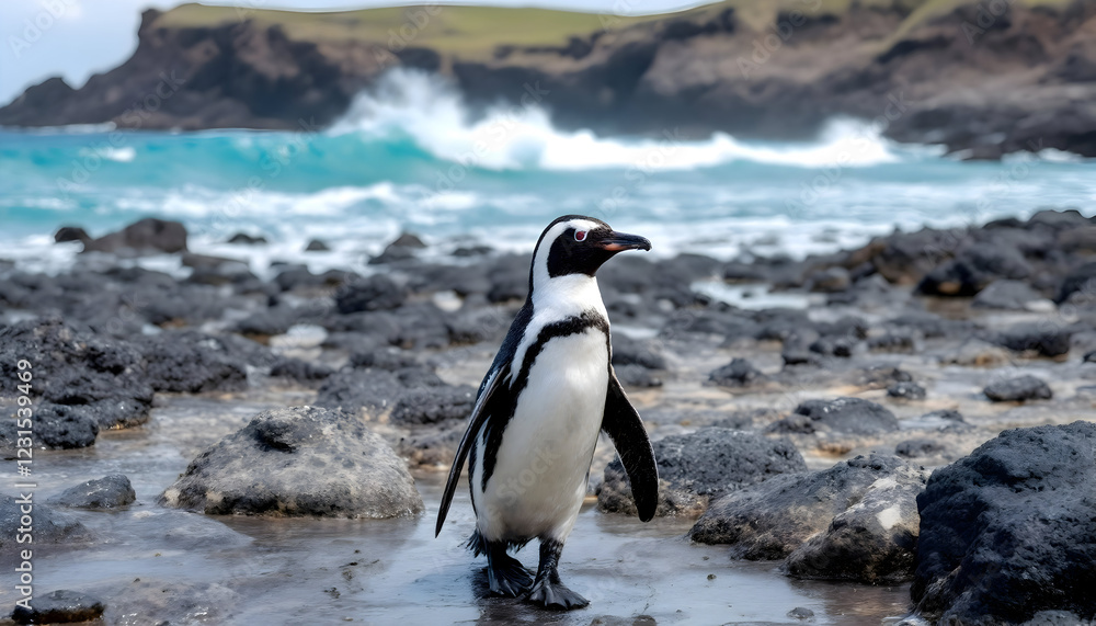 Obraz premium African Penguin on Rocky Beach Near Ocean Waves