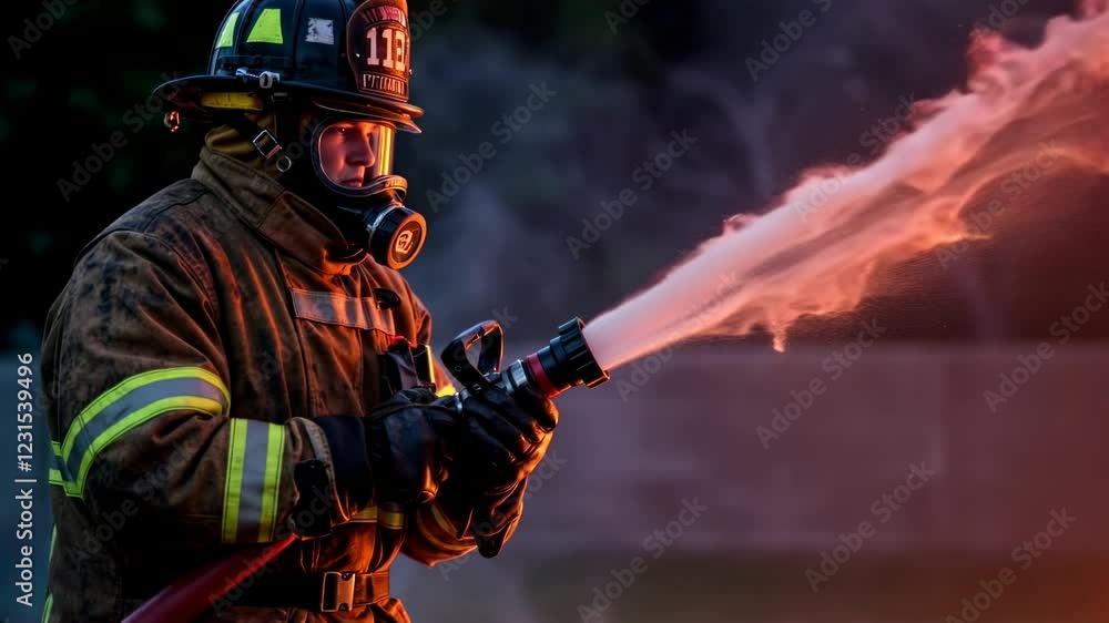 Brave Firefighter Battling Flames With A Powerful Hose Against A Dark Background At Dusk Brave Firefighter Battling Flames With A Powerful Hose Against A Dark Background At Dusk
