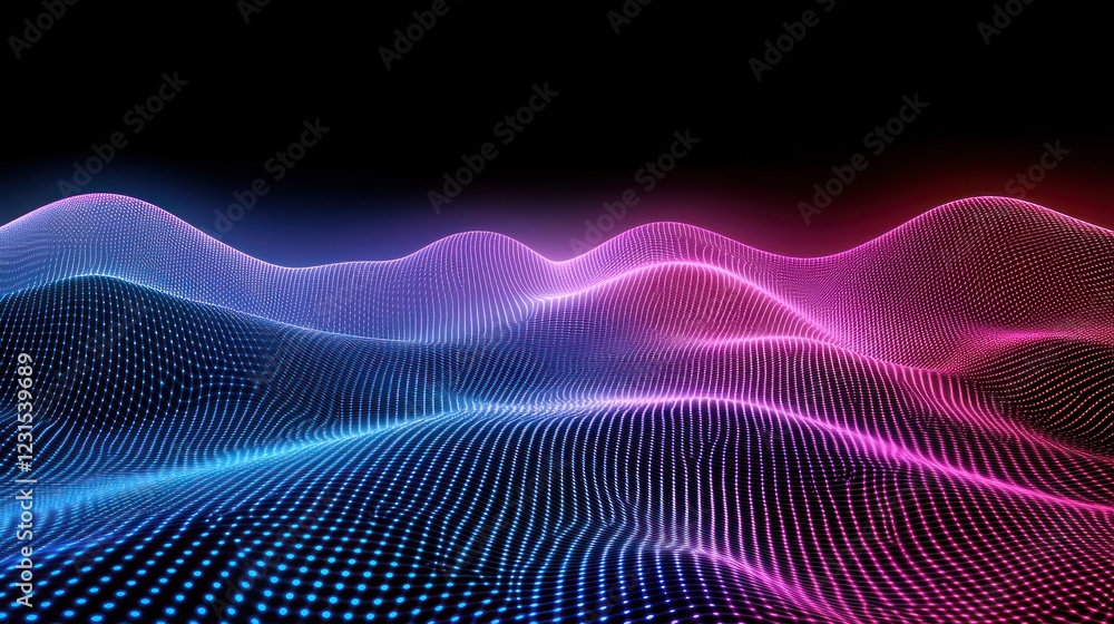 Abstract digital landscape, glowing waves, dark background, technology concept Abstract digital landscape, glowing waves, dark background, technology concept