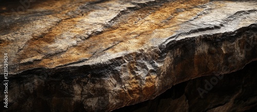 Curved sandstone rock ledge bathed in warm golden light highlighting intricate textures and shadows in a desert landscape setting photo