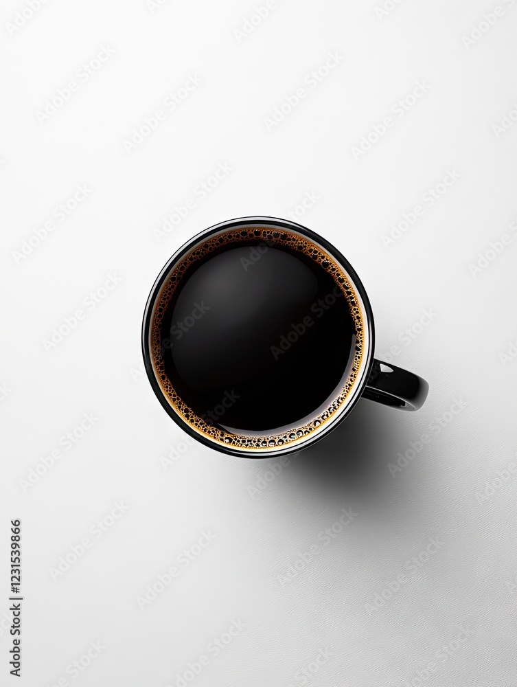 Overhead view of black coffee mug on white background, perfect for breakfast menu or coffee shop advertisement Overhead view of black coffee mug on white background, perfect for breakfast menu or coffee shop advertisement