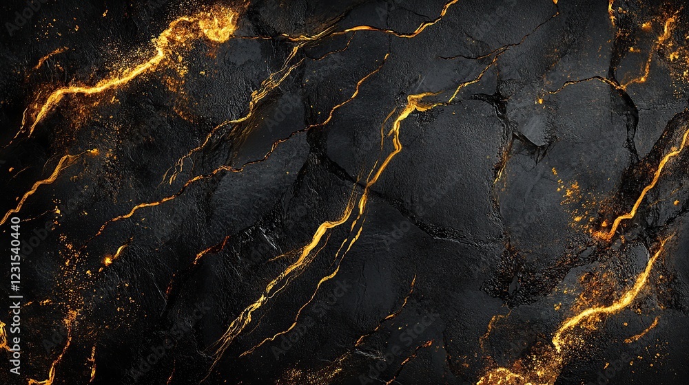 Golden veins in dark stone, fiery background, texture, design Golden veins in dark stone, fiery background, texture, design