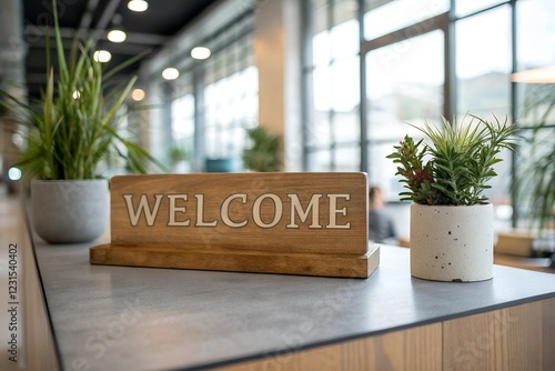 Welcome Sign on Wooden Table with Potted Plant – Bright & Inviting Office or Cafe Decor