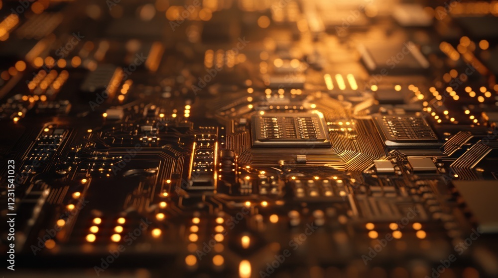 Close-up of a glowing circuit board with a blurred background for tech or scientific use Close-up of a glowing circuit board with a blurred background for tech or scientific use