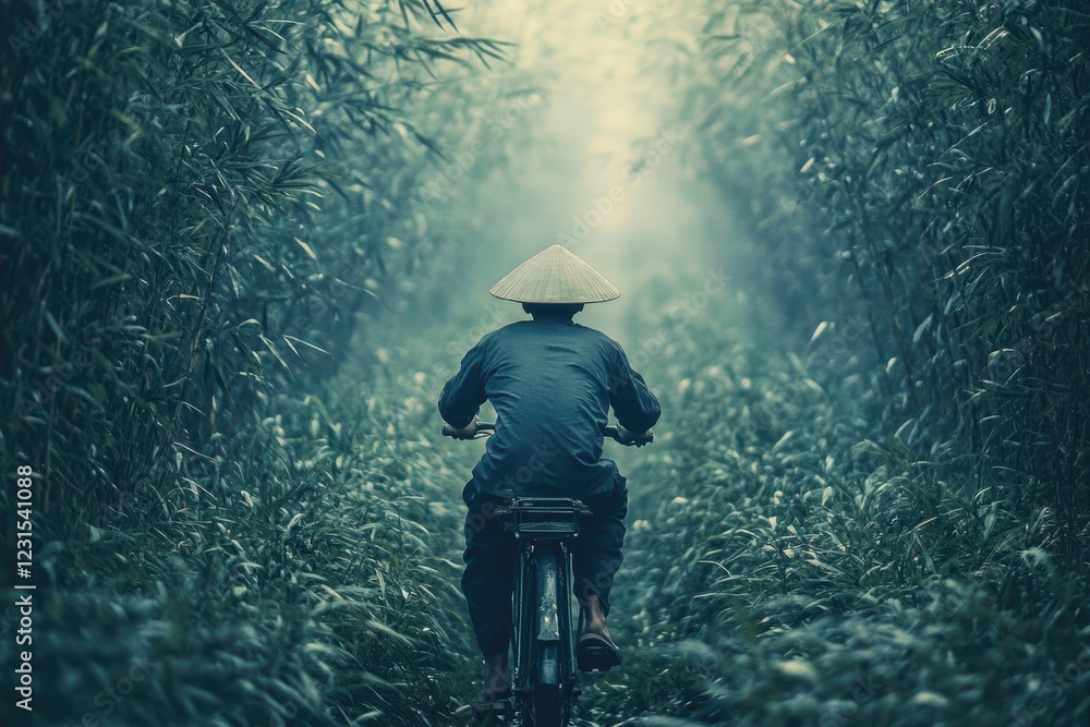 A lone cyclist in a traditional conical hat pedals through a misty bamboo forest. A lone cyclist in a traditional conical hat pedals through a misty bamboo forest.