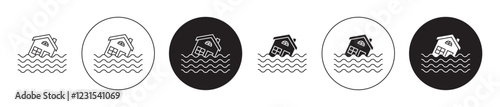 Flooded house icons collection in black filled and stroke line style