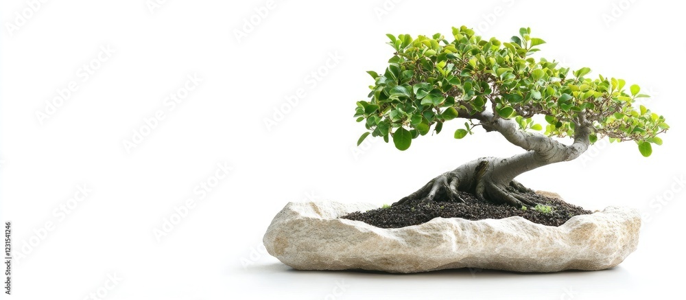 Fototapeta premium Bonsai fig tree with lush green leaves positioned on a textured white stone base against a bright white background showcasing artistry and elegance