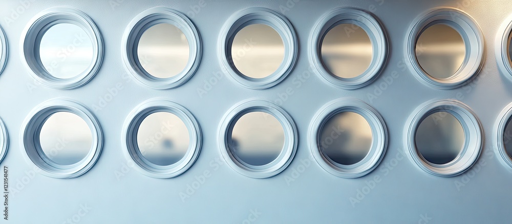 Abstract composition of a white wall with aligned circular portholes, showcasing a unique design pattern in soft blue and gray tones. Abstract composition of a white wall with aligned circular portholes, showcasing a unique design pattern in soft blue and gray tones.