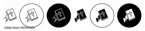 Hand in Bible icons collection in black filled and stroke line style