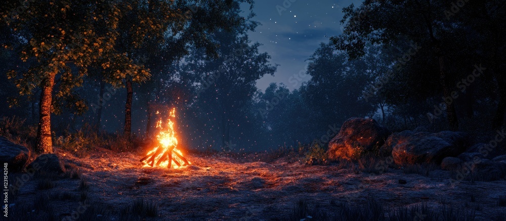 Campfire glows bright orange amidst dark forest at night under a clear sky with stars creating a tranquil, warm atmosphere in nature Campfire glows bright orange amidst dark forest at night under a clear sky with stars creating a tranquil, warm atmosphere in nature